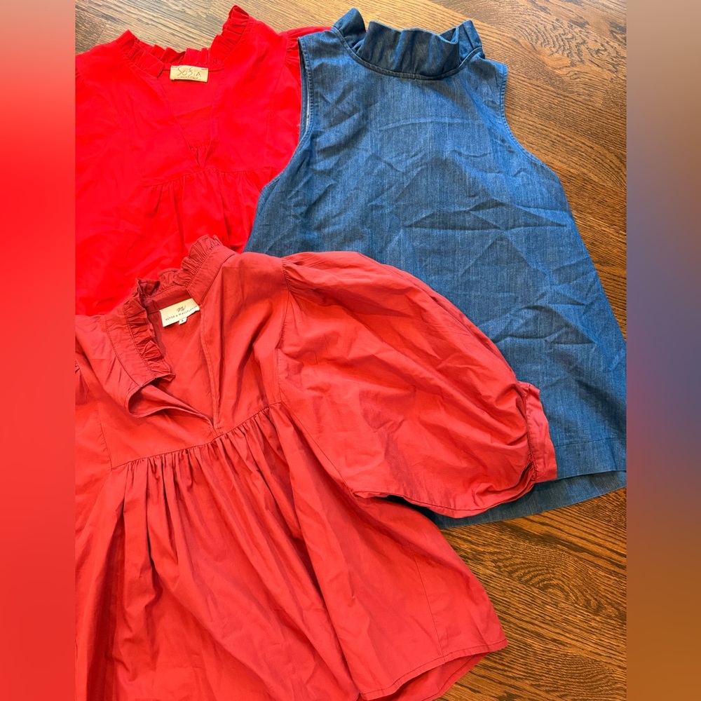 Set of 3 Ruffled Tops (size L) in red cotton, maroon cotton, and blue chambray
